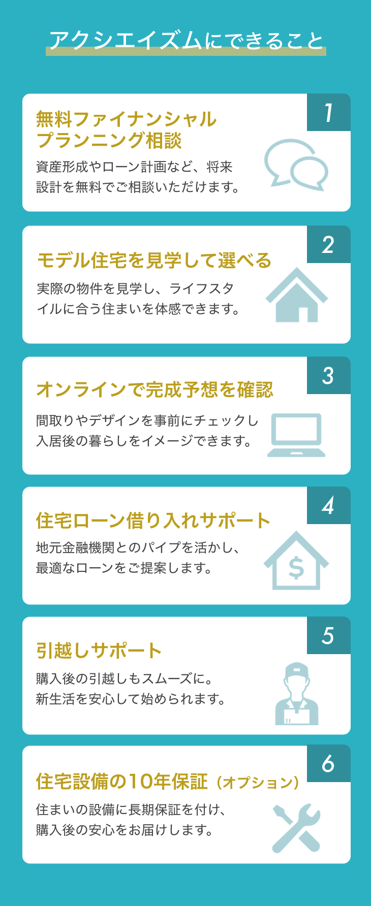 アクシエイズムにできること一覧｜無料ファイナンシャルプランニング相談・見学・借り入れサポート・引越しサポート
