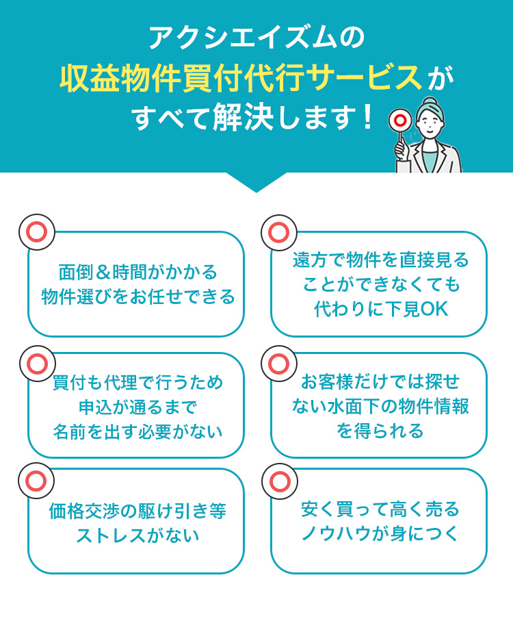 収益物件買付代行サービスの解決内容｜物件選び代行・下見・価格交渉・情報提供など