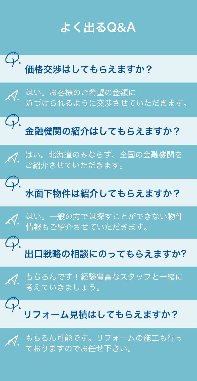 不動産投資に関するよくある質問Q&A｜価格交渉・金融機関紹介・水面下物件・出口戦略・リフォーム見積り